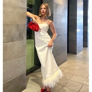 LIKELY Kalani Midi Column Dress White Ostrich Feather Hem Prom Bridal Maxi NWT